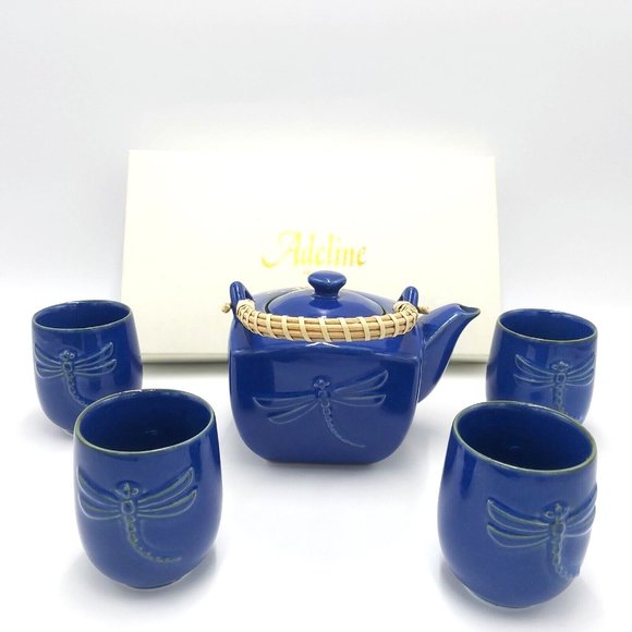 Adeline Fine Porcelain Tea Set-Dragonfly Motif-Cobalt Blue - Picture 1 of 14